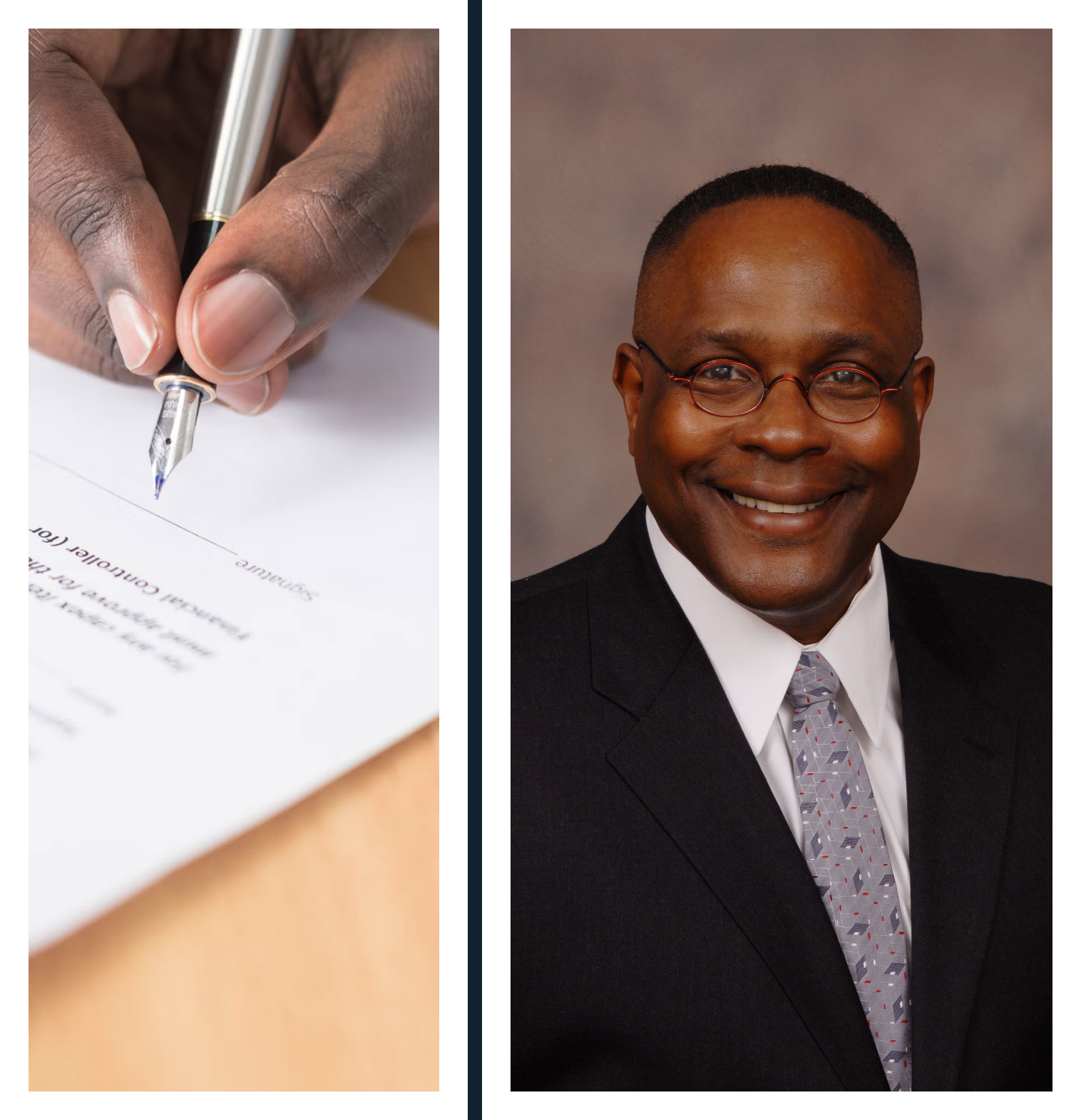 Signing legal documents and portrait of an Atlanta criminal auto violation attorney